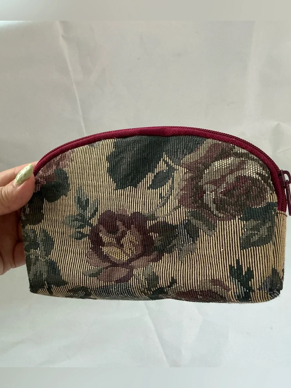 Floral Woven Cosmetic Pouch in Burgundy and Green